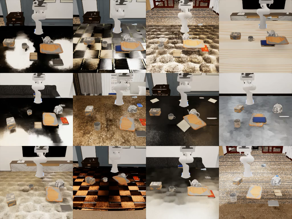Grid of augmented tabletop simulation scenes with varied backgrounds and object layouts.